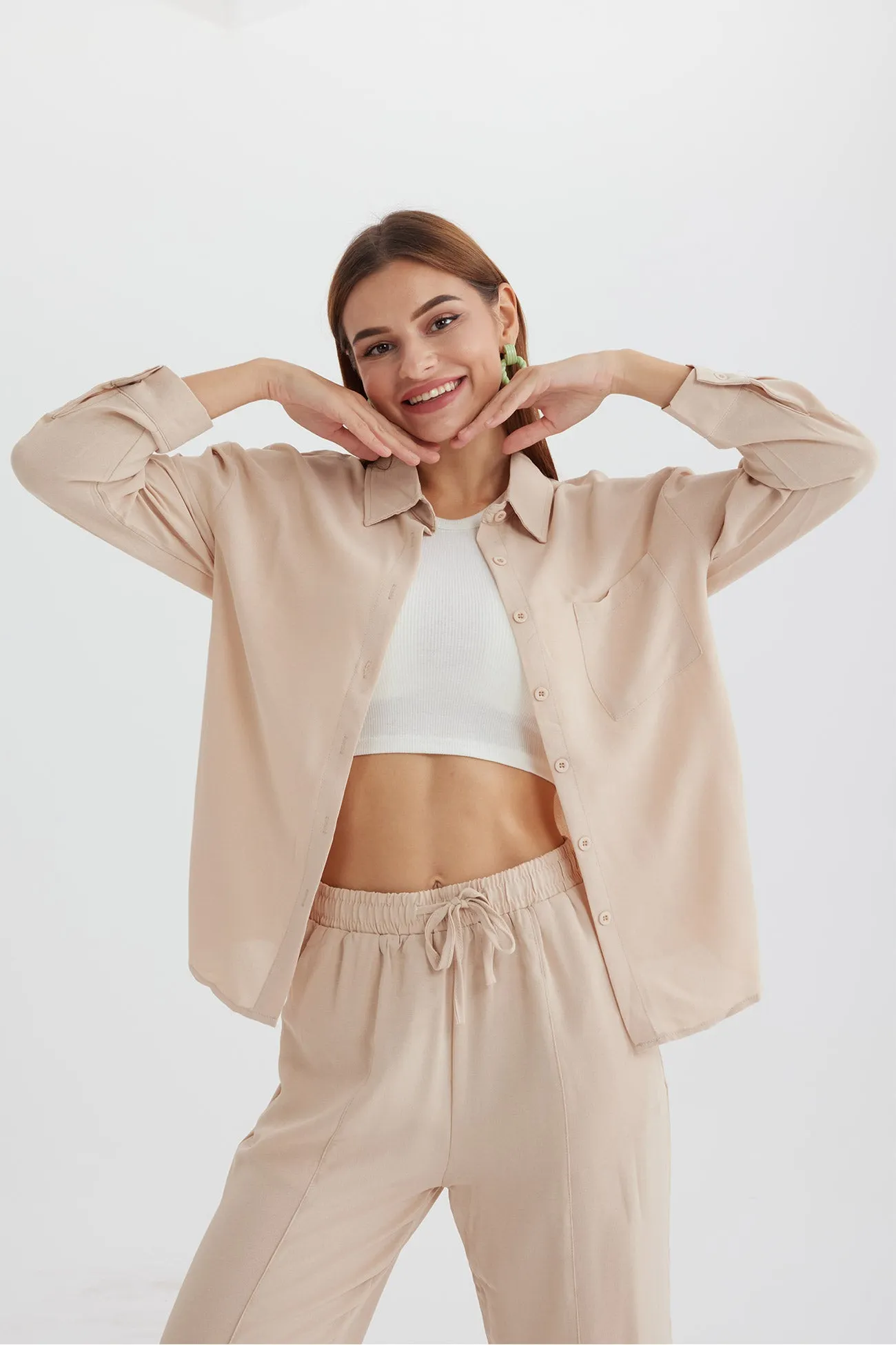 Maxct Long Sleeve Solid Color Shirt Long Pants Set - Image 15