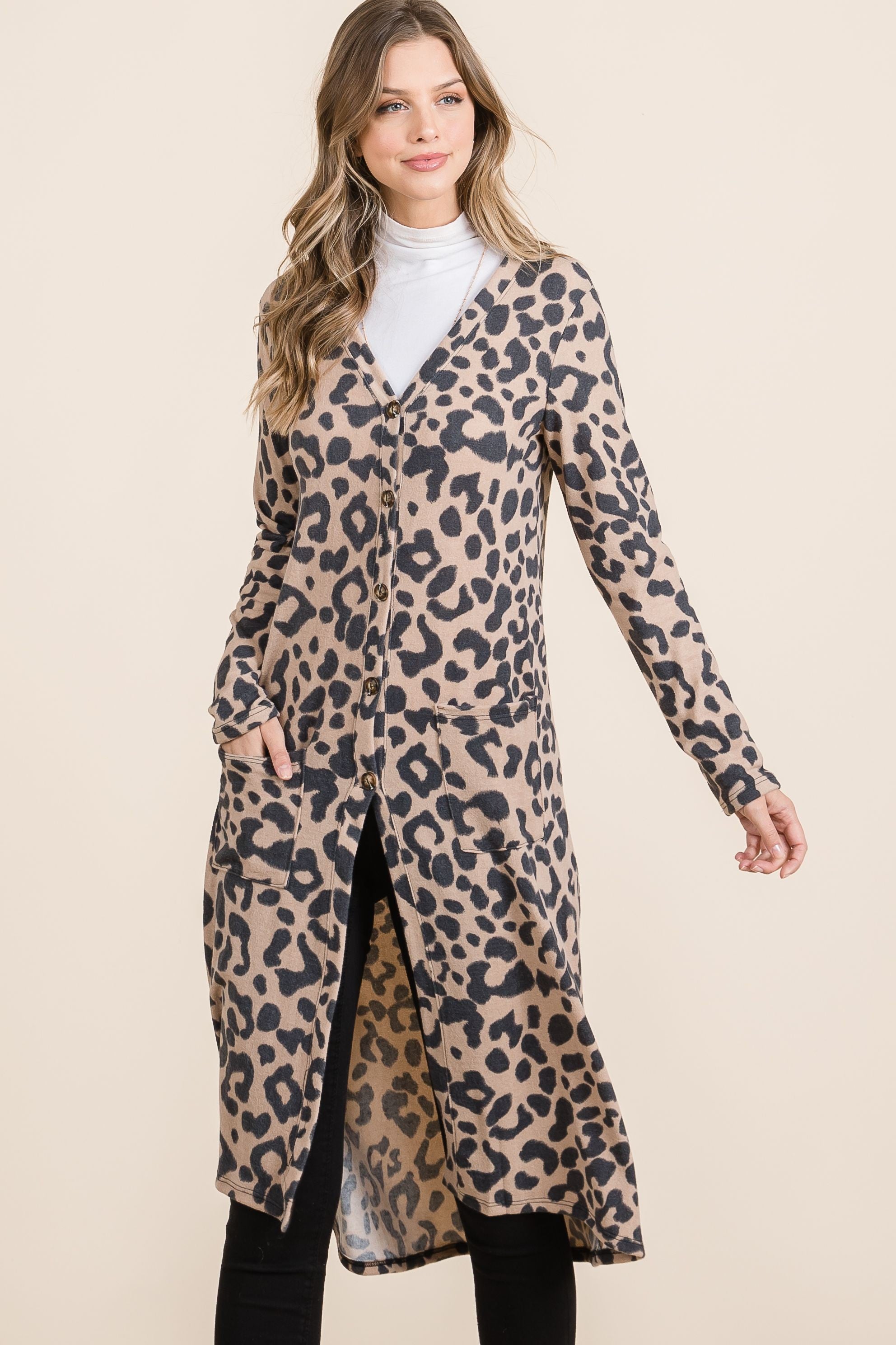 Maxct &Celeste Full Size Leopard V-Neck Long Sleeve Cardigan