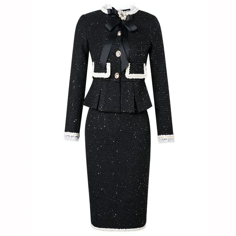 Maxct Woolen Bodycon Dress Women Winter Sashe Party Dresses Shiny Straight O-neck Button Up Elegant Midi Vestidos Two Piece Suit