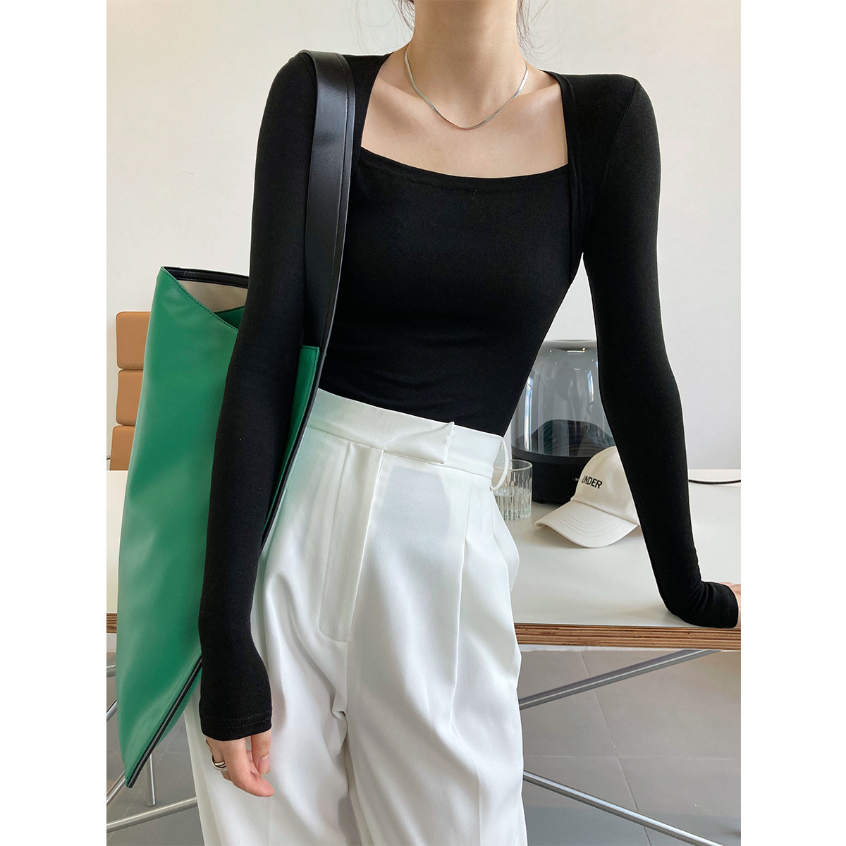 Maxct 2000s fashion Luxi French Style Long Sleeve Square Collar T-shirt Women's Slim Fit Slimming Fake Two-Piece Top Autumn Thin Bottoming Shirt 283