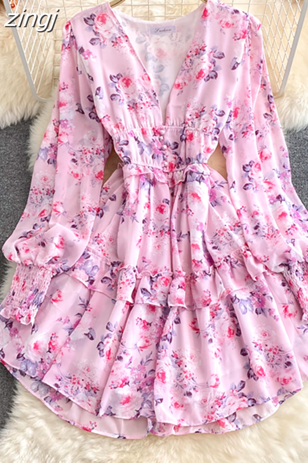 Maxct Women Green/Purple/Beige Floral Chiffon Dress Bohemian V-Neck Lantern Long Sleeve High Waist Ruffle Vestidos Female New