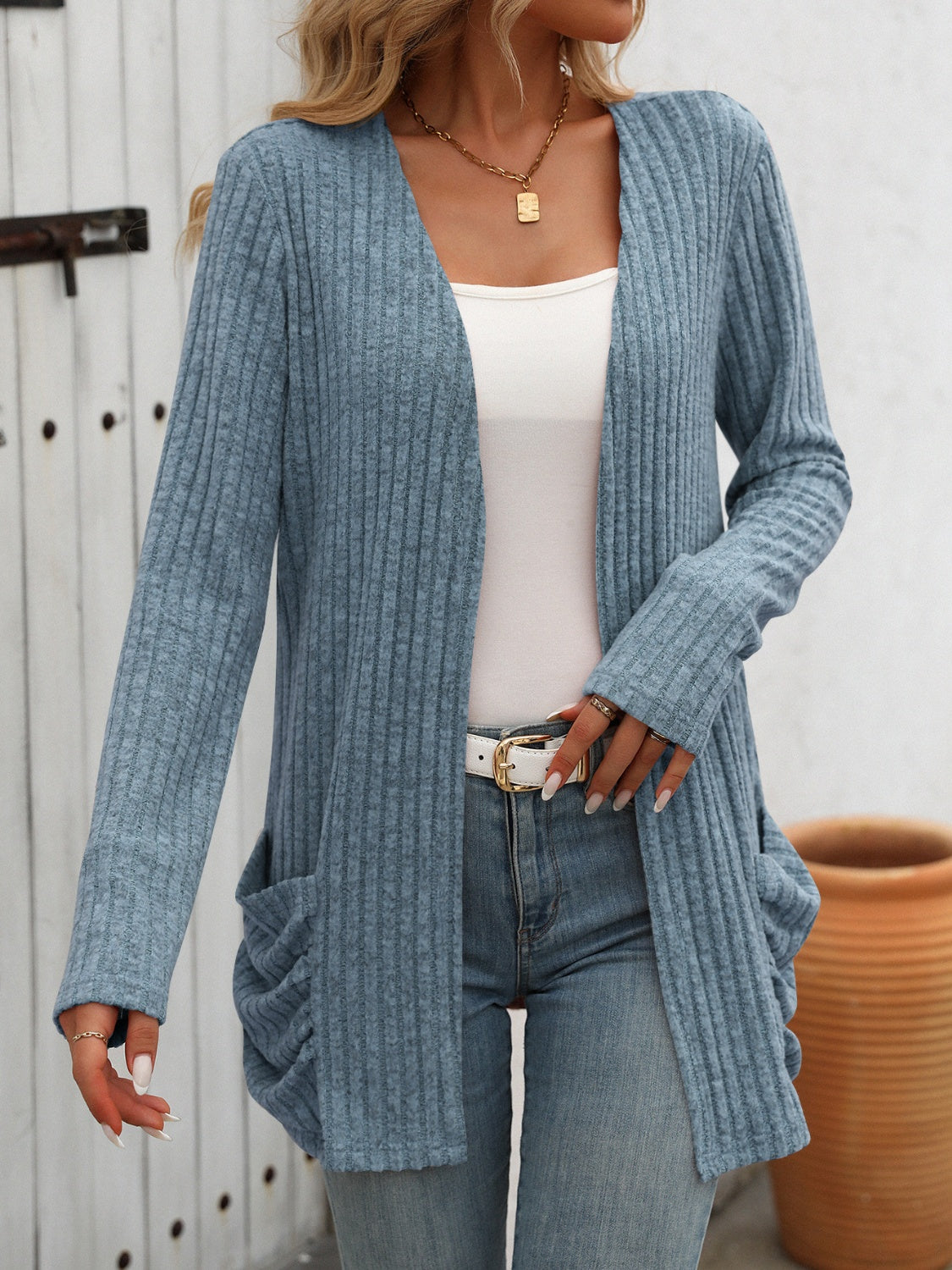 Maxct &Open Front Long Sleeve Ribbed Cardigan