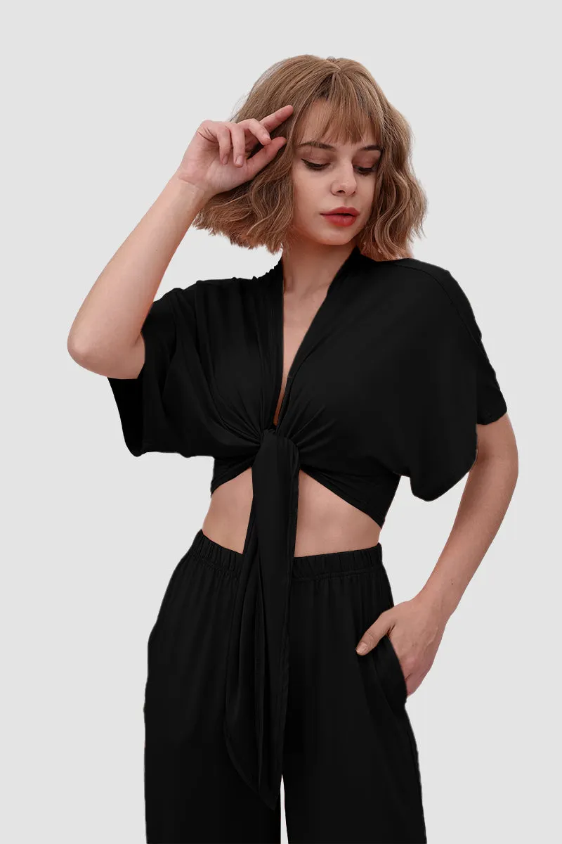Maxct Deep V-neck Top & Elastic Wide Leg Pants