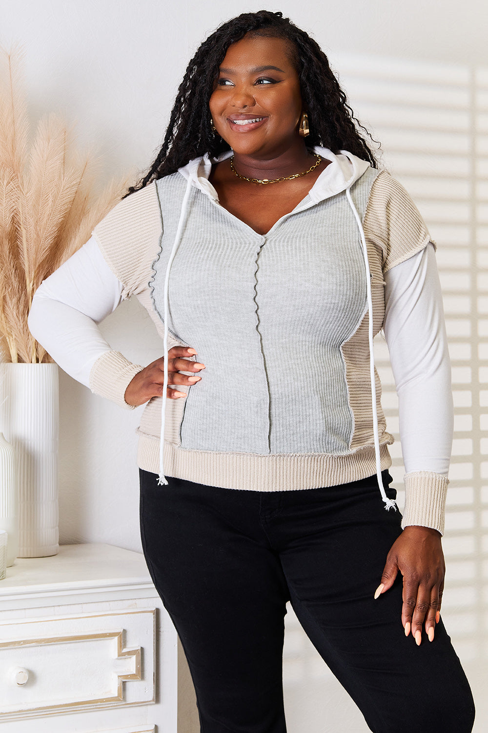 Maxct &Double Take Color Block Exposed Seam Drawstring Hoodie - Image 3