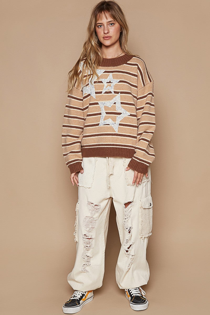 Maxct &POL Star Patch Stripe Round Neck Sweater