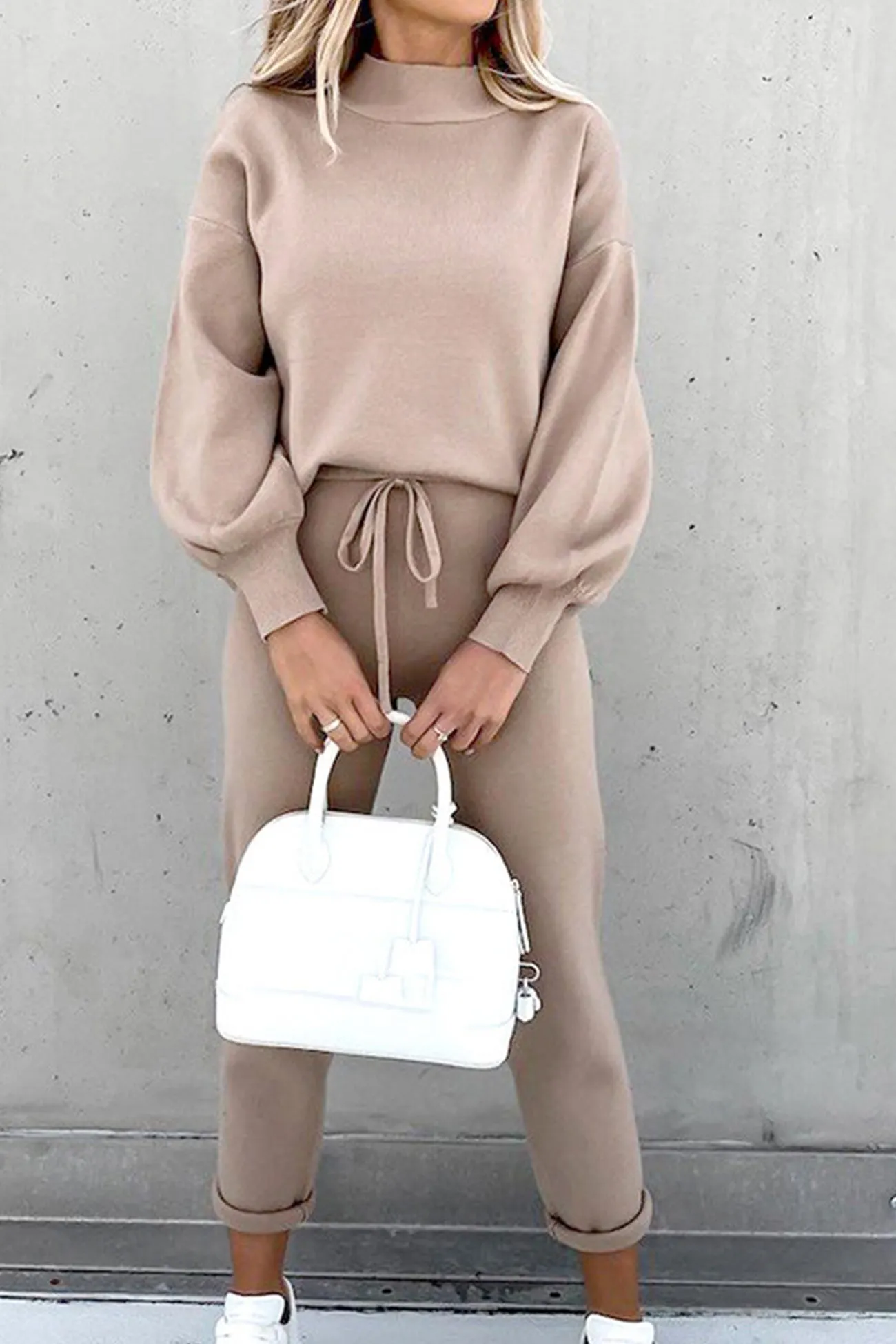 Maxct Mock Neck Puff Sleeve Sweatshirt Long Pants Suits