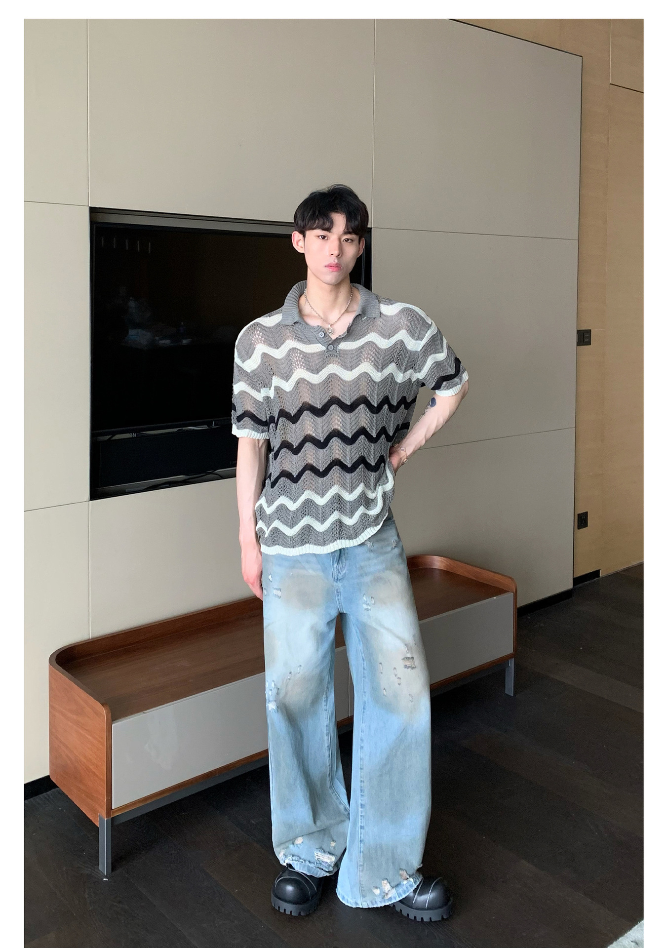 90s Streetwear Korean Style Summer High-end Sense Hollow Color Stripe Lap Short-sleeved Niche Design POLO Shirt T-shirt Casual Top