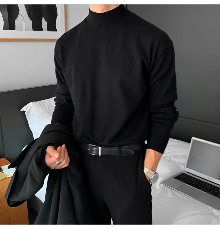 Maxct 90s Streetwear Autumn And Winter High-grade Semi-turtleneck Sweater Men's Korean-style Loose Casual Solid Color Middle Collar Knitted Base Shirt With Long Sleeves