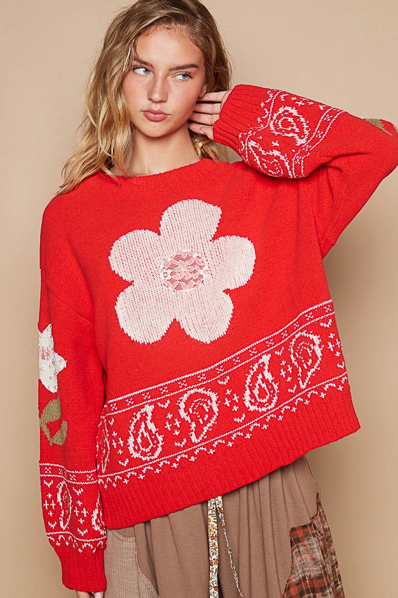 Maxct &POL Flower Lace Patch Long Sleeve Sweater