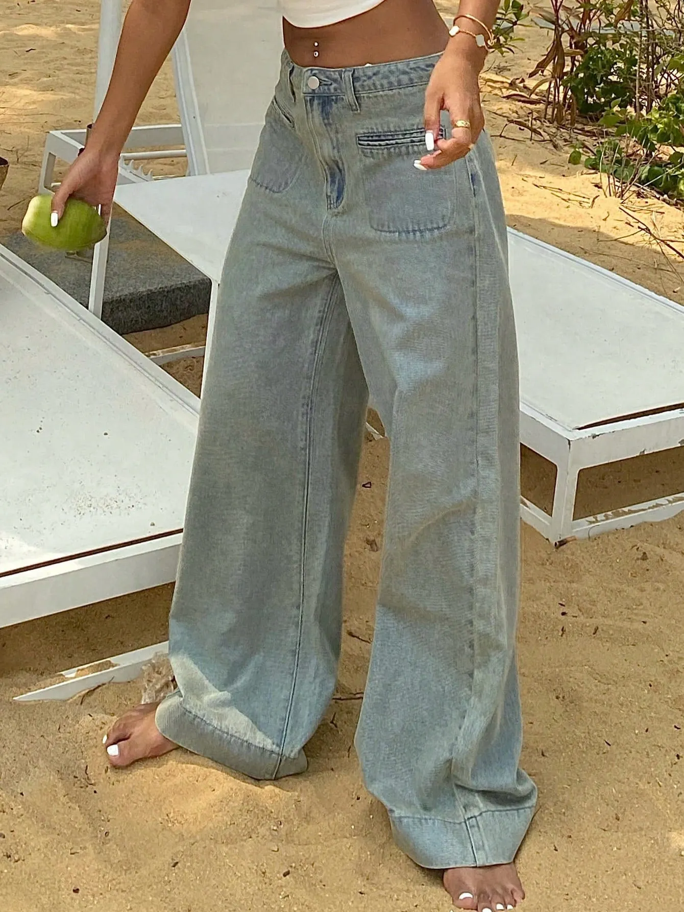 Maxct Women Wide Leg Loose Denim Pants With Double Pockets For Daily Casual Wear