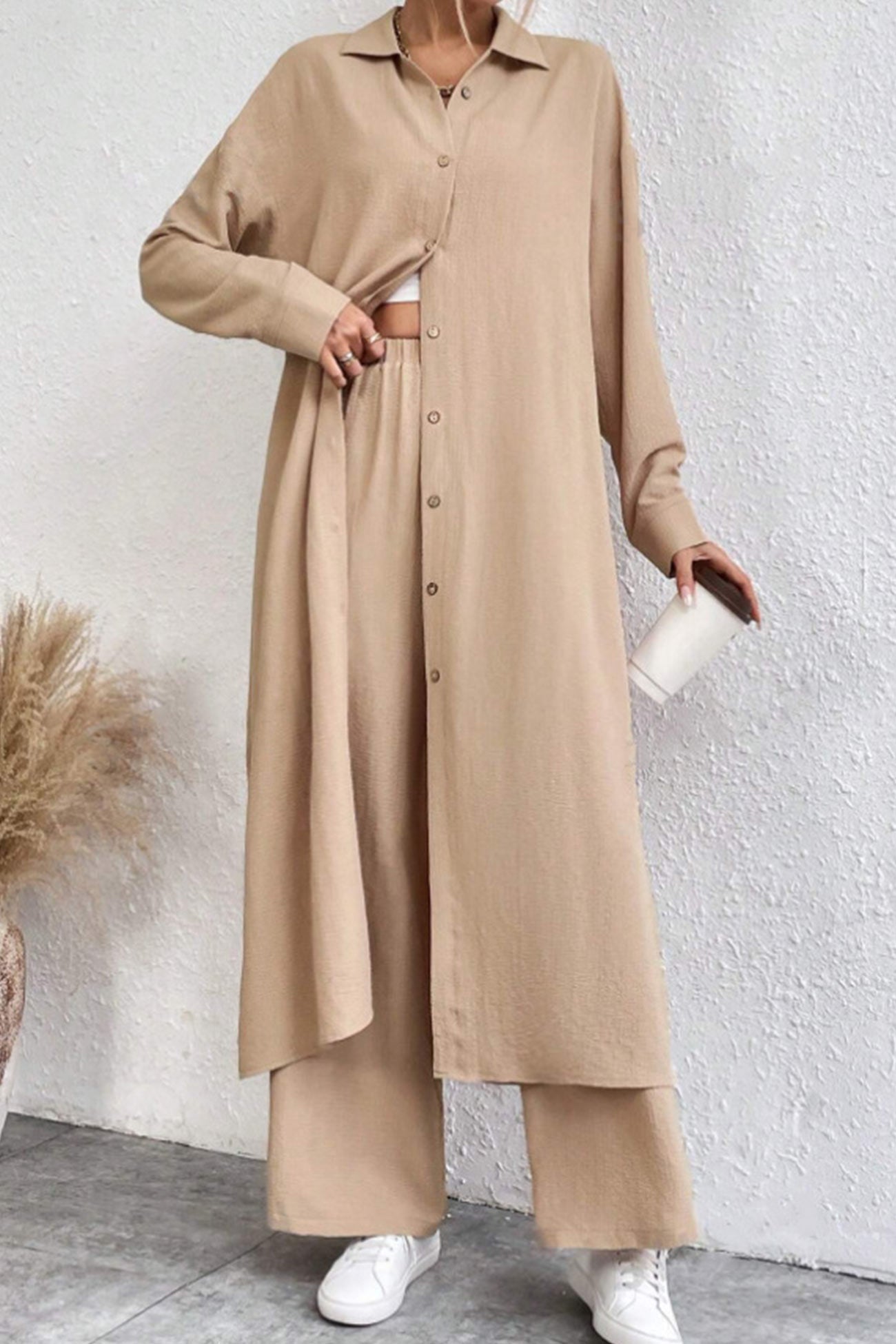 Maxct Solid Long Shirt Wide Leg Pants Set