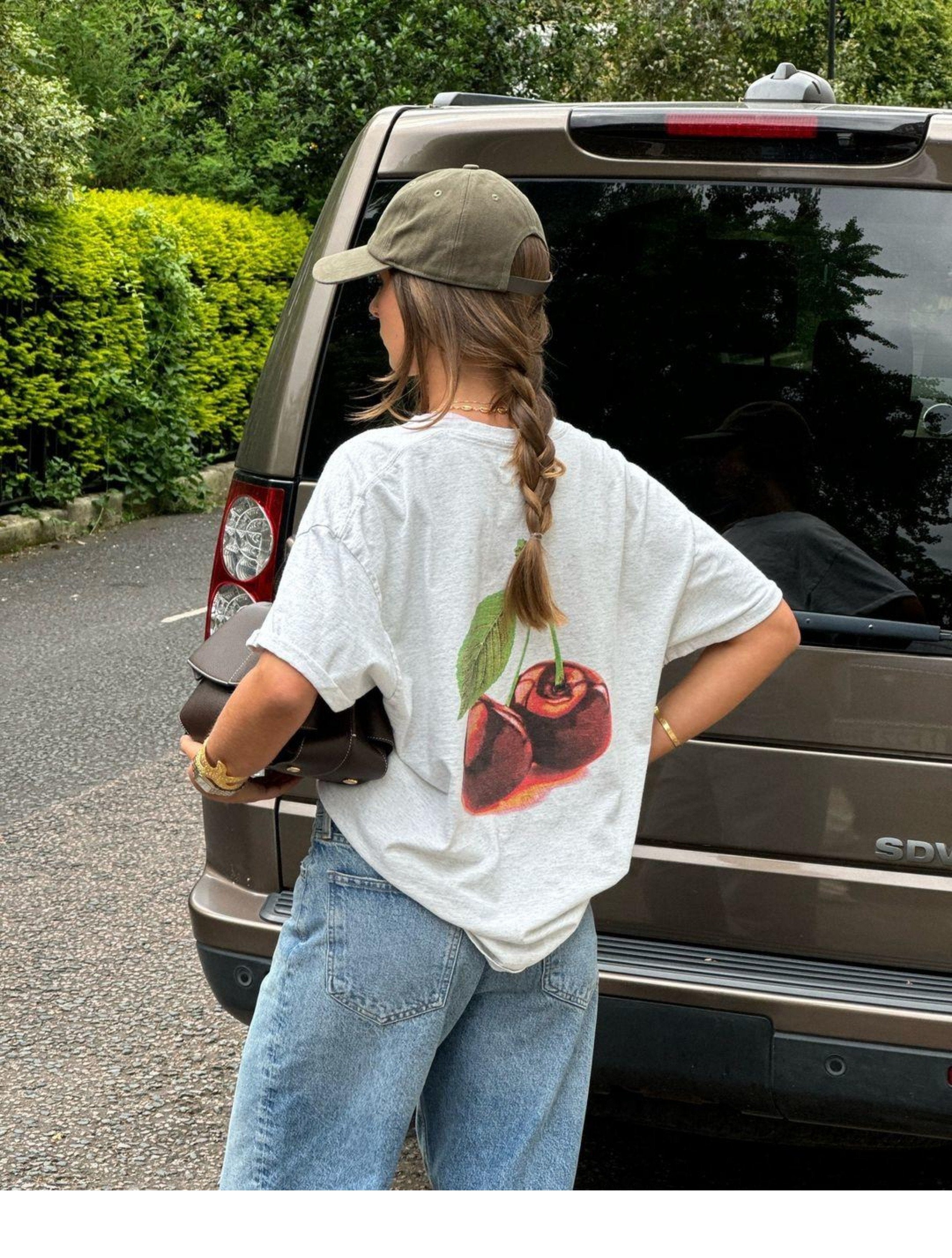 Maxct American Style Retro Fruit Cherry Print Pure Cotton Short-sleeved T-shirt Summer Women's National Fashion Oversize Hot Girl Top Fashion