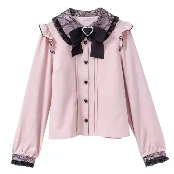 Maxct Kawaii Girl Lolita Long Sleeve Shirt Autumn Y2k Aesthetic Lace Patchwork All Match Blouse Women JK Bow Sweet Cute Tops