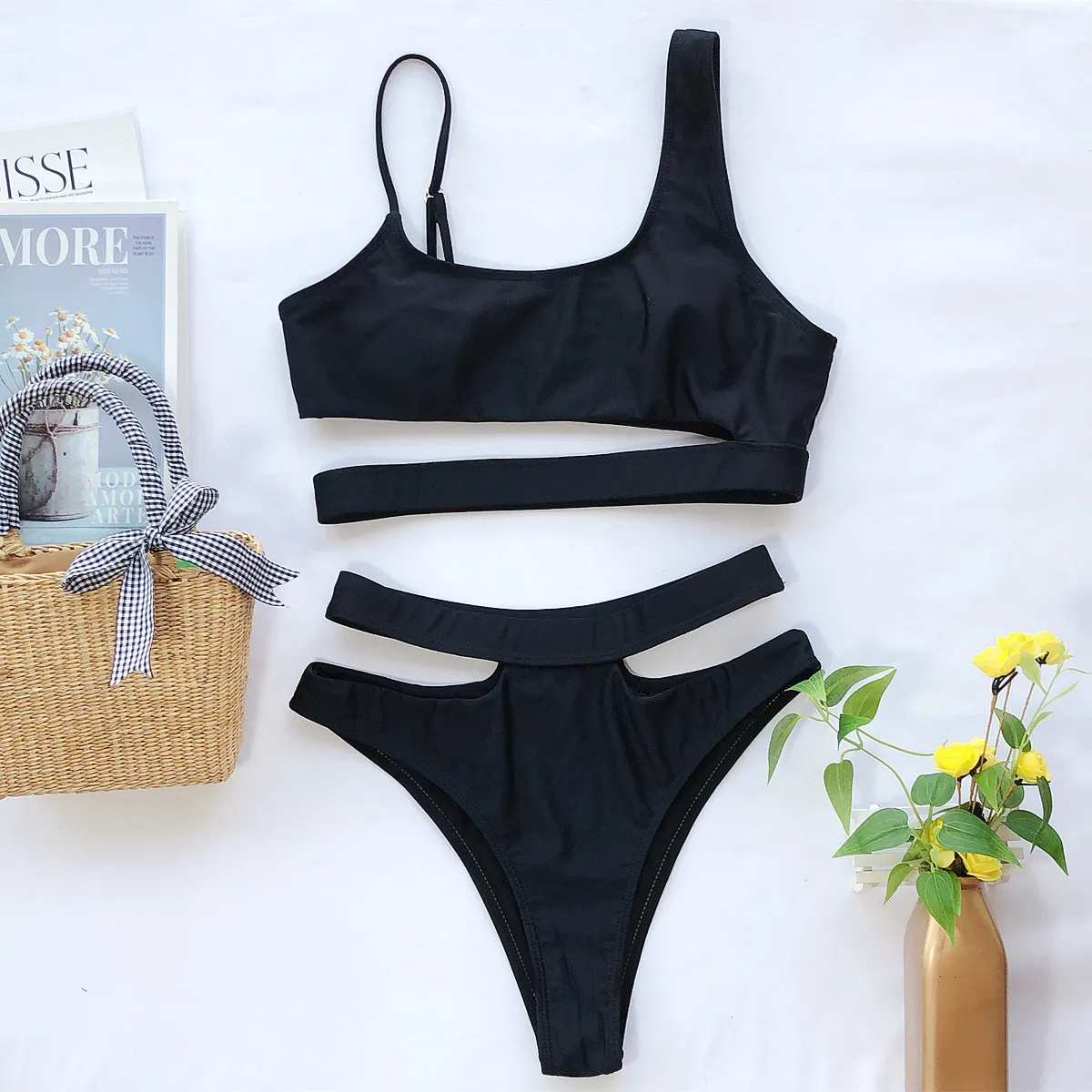 Cut Out Pure Color Bikini Fashion Bikini Fashion Sexy Split Swimsuit Women Swimsuit