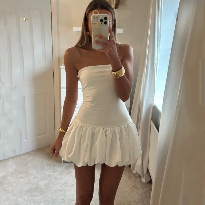 Contrast Color Mini Folds Dress For Strapless Slim Sleeveless Ruched Splice Y2K Beach FeClub Party Dress Maxct