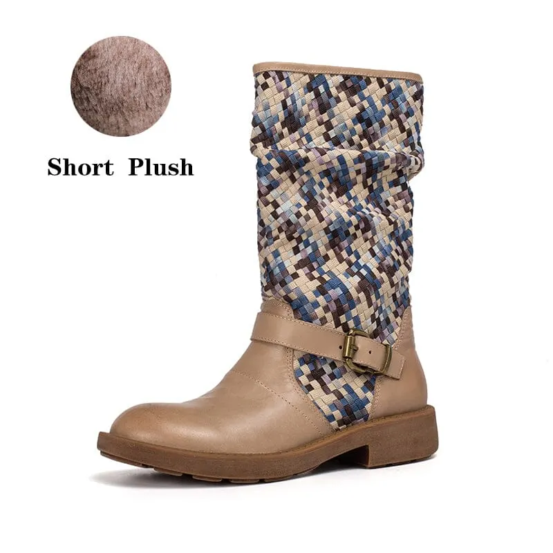 Woven Boots Mid Calf Color Blocking Design Riding Boots Maxct