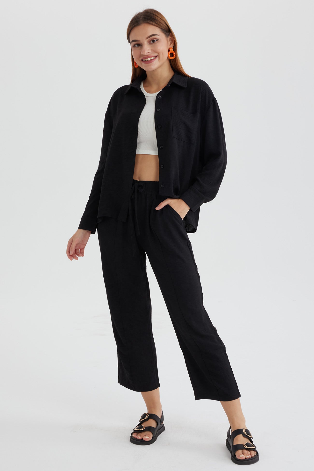 Maxct Long Sleeve Solid Color Shirt Long Pants Set - Image 44
