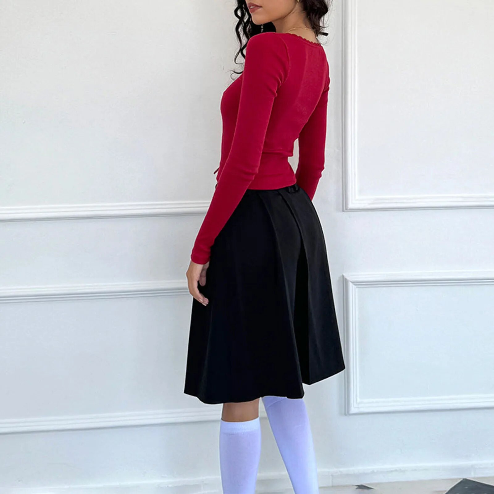Maxct Women Y2K Vintage Kawaii Long Sleeve Square Neck Bow Knot Lace Trim Patchwork Slim Fit Fairycore Fall Tops Streetwear