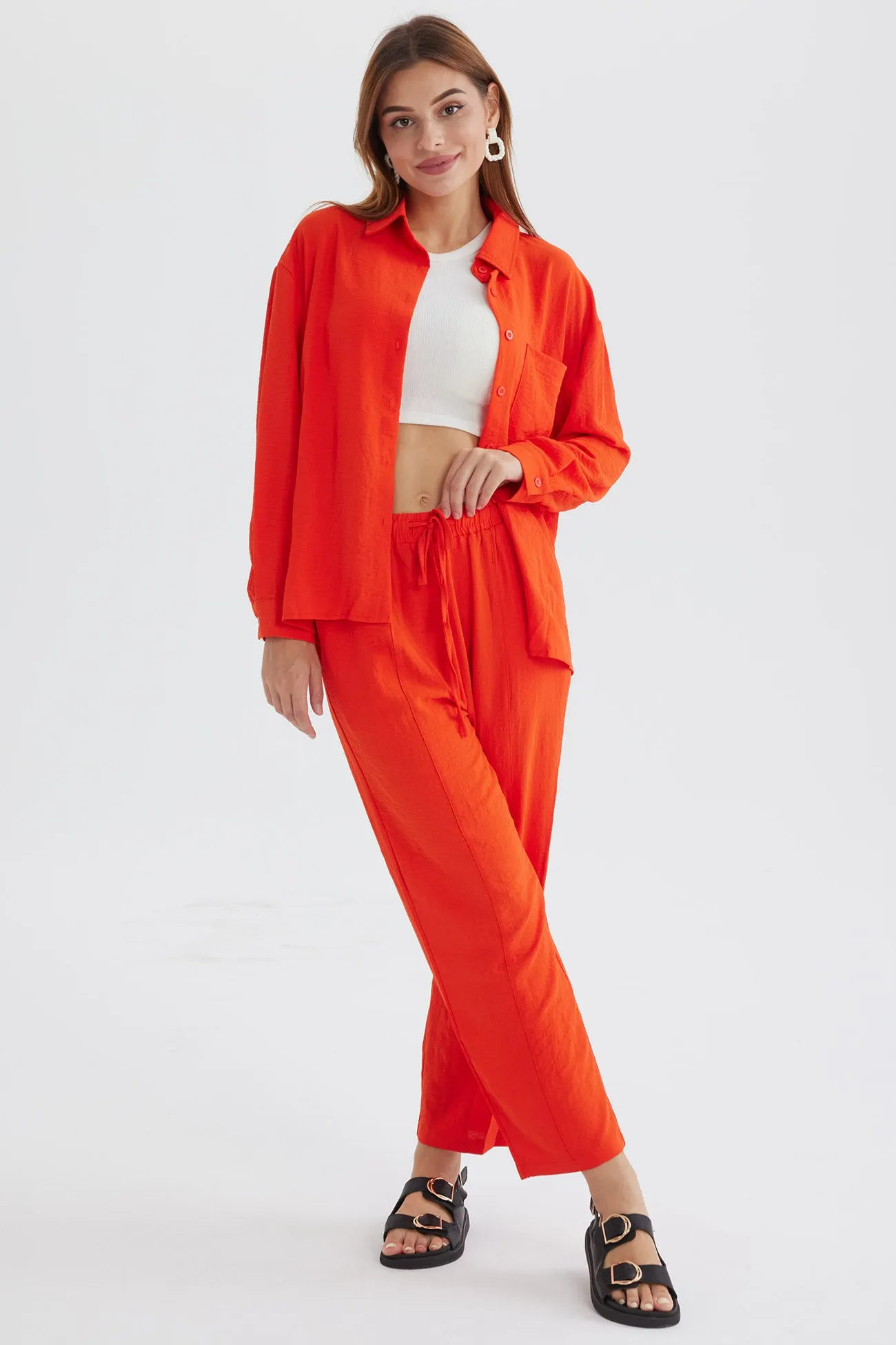 Maxct Long Sleeve Solid Color Shirt Long Pants Set - Image 2