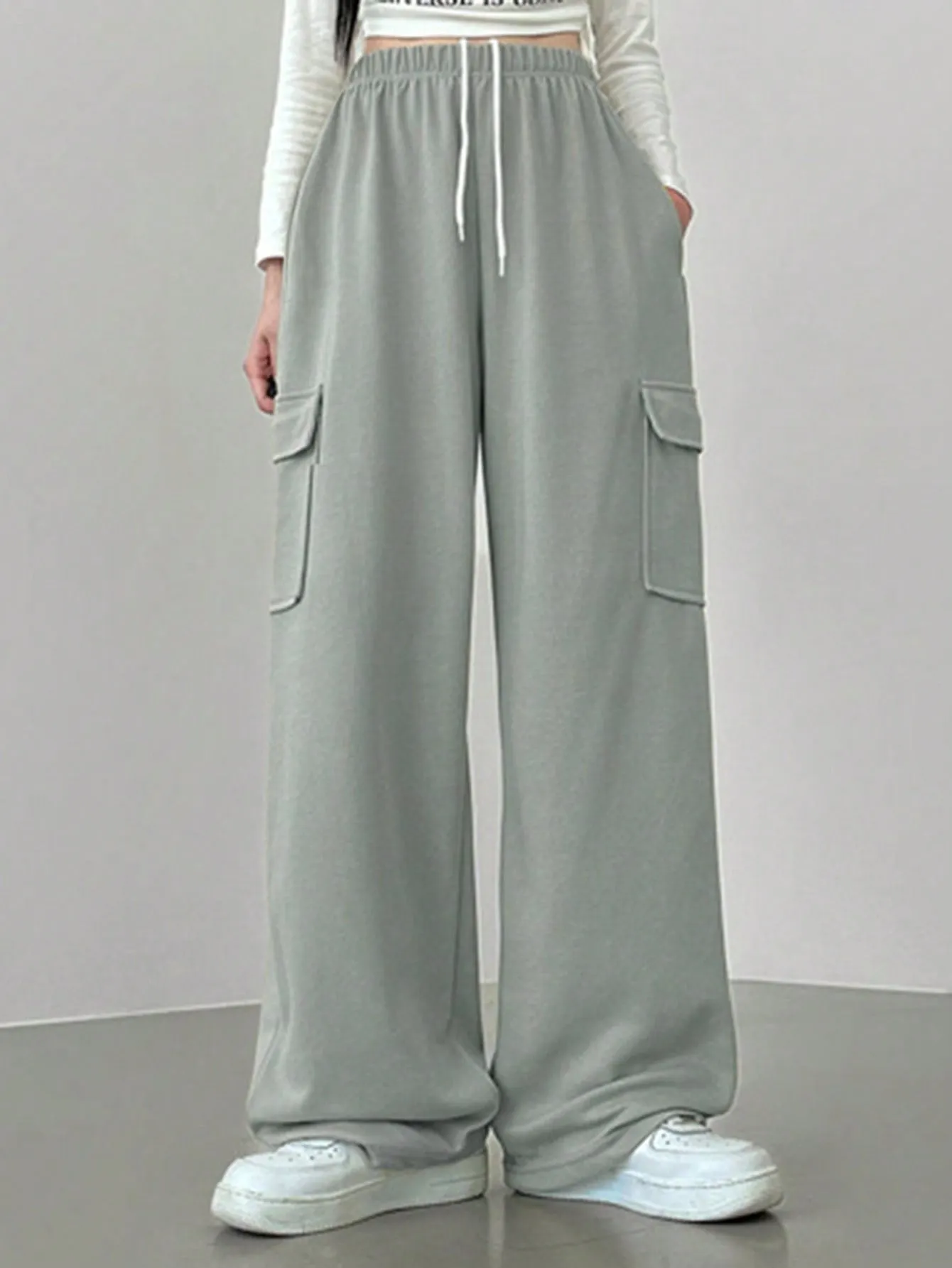Maxct Casual Solid Color Drawstring Wide Leg Sweatpants With Pockets