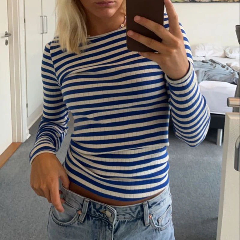 Maxct Vintage Preppy Style Y2K Crop Tops Clothes Cottage Striped Rib Knitted T-shirt Women Long Sleeve Casual Basic Tees Pullovers