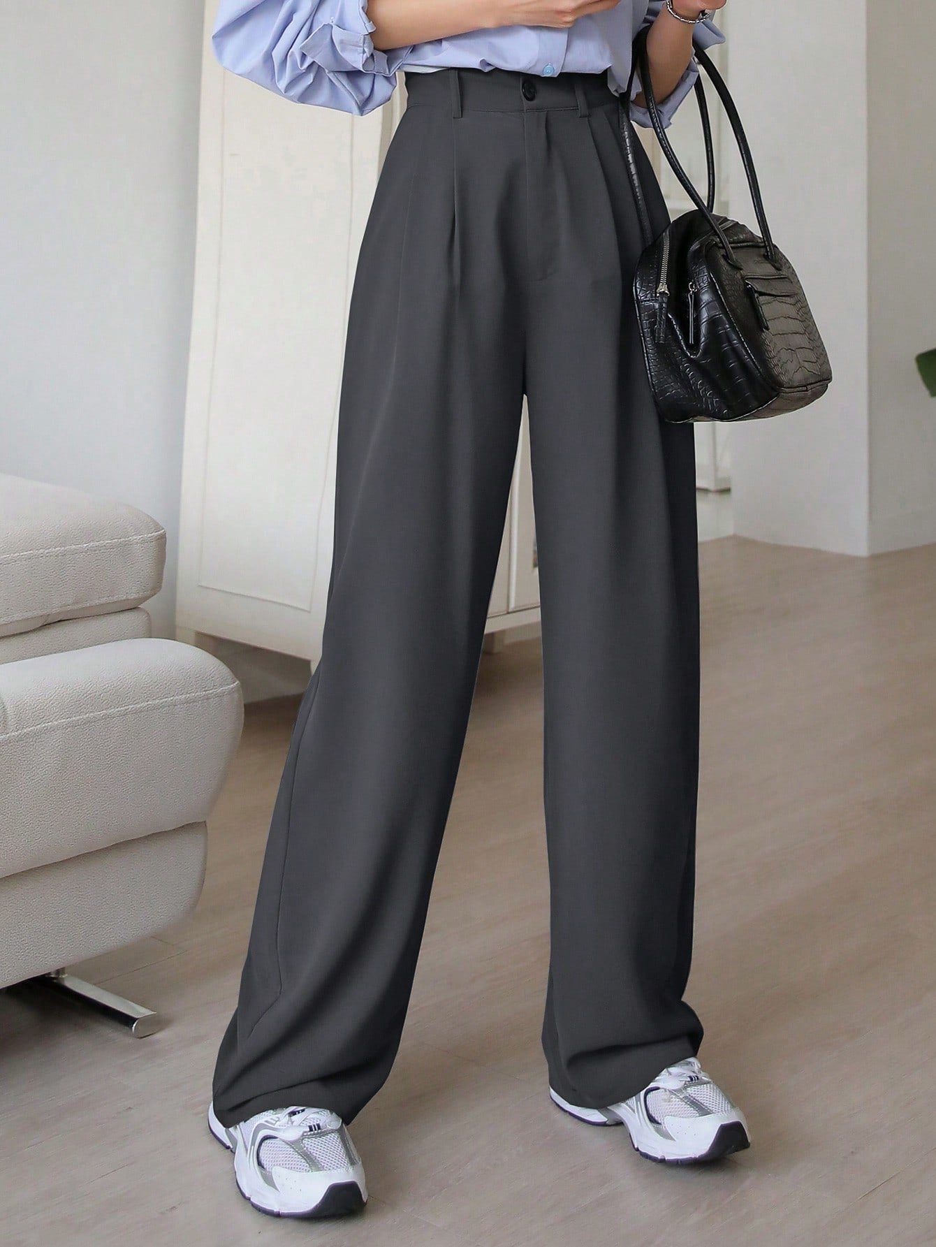 Maxct Women's Solid Color Pleated Wide Leg Suit Pants For Casual Work