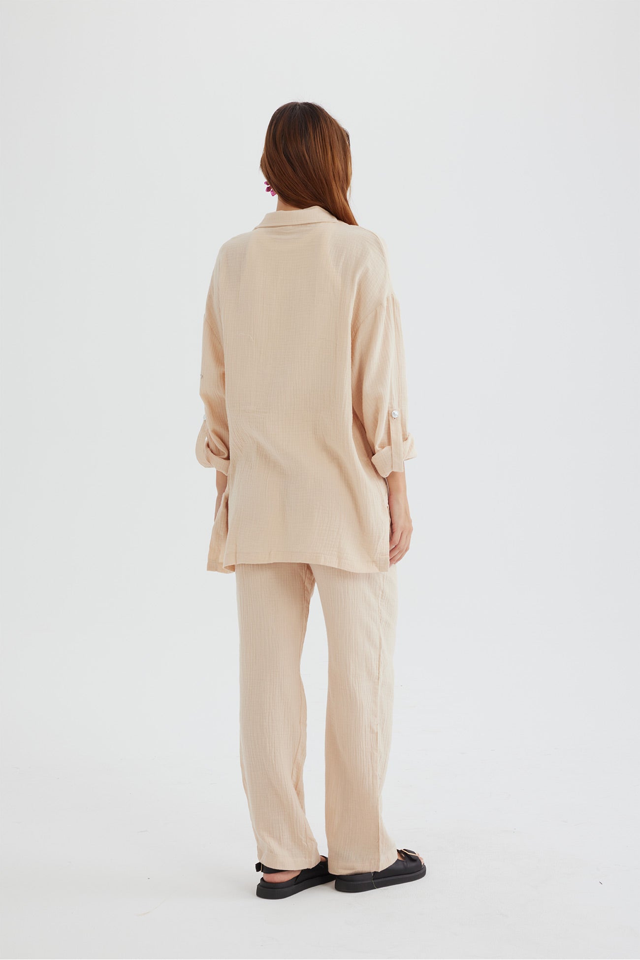 Maxct Long Sleeve Pocketed Slit Shirt Long Pants Suits
