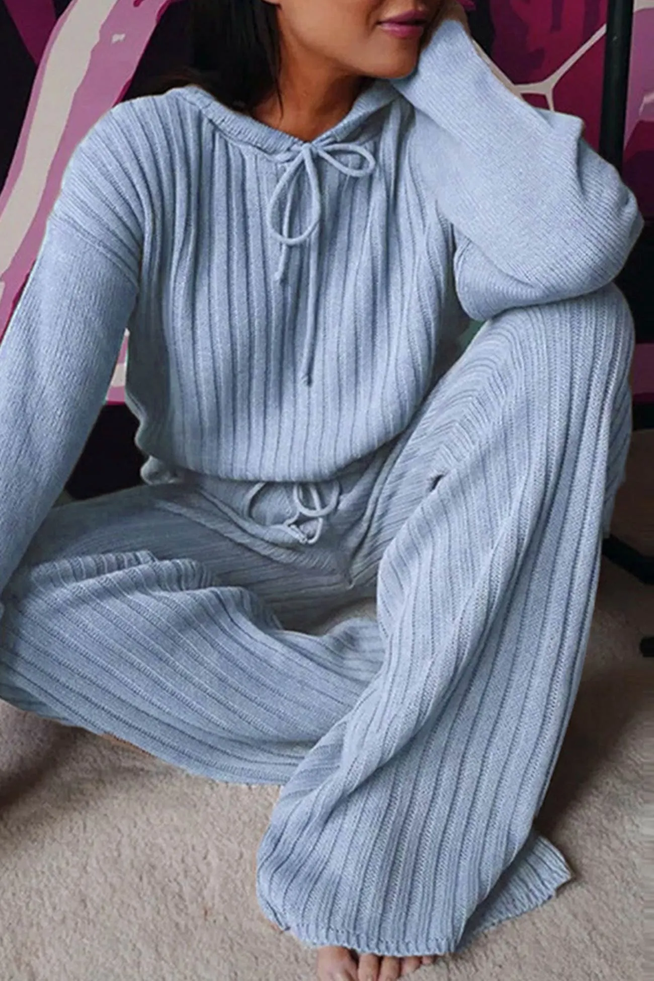 Maxct Ribbed Drawstring Hoodie Long Pants Set