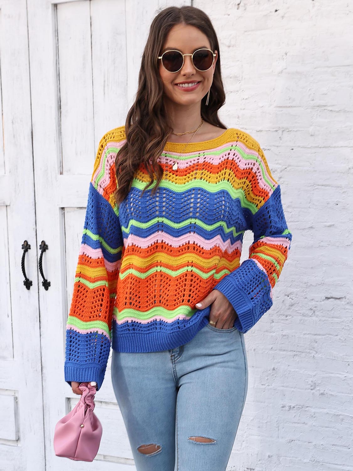 Maxct &Openwork Round Neck Knit Top
