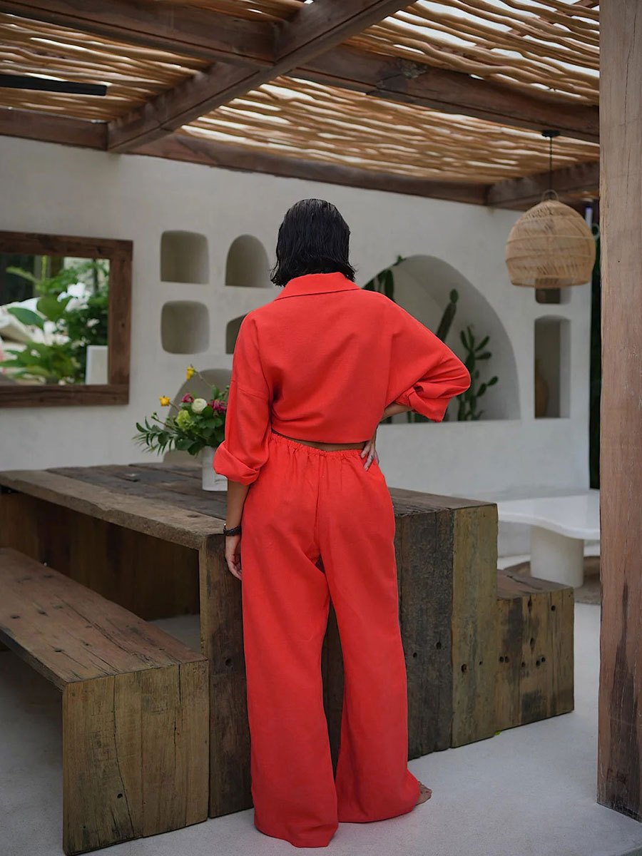 White Casual Cotton Linen Trousers Suit Women's Loose Long Sleeve Shirt Top Elastic Waist Pants Female Outfits Autumn New