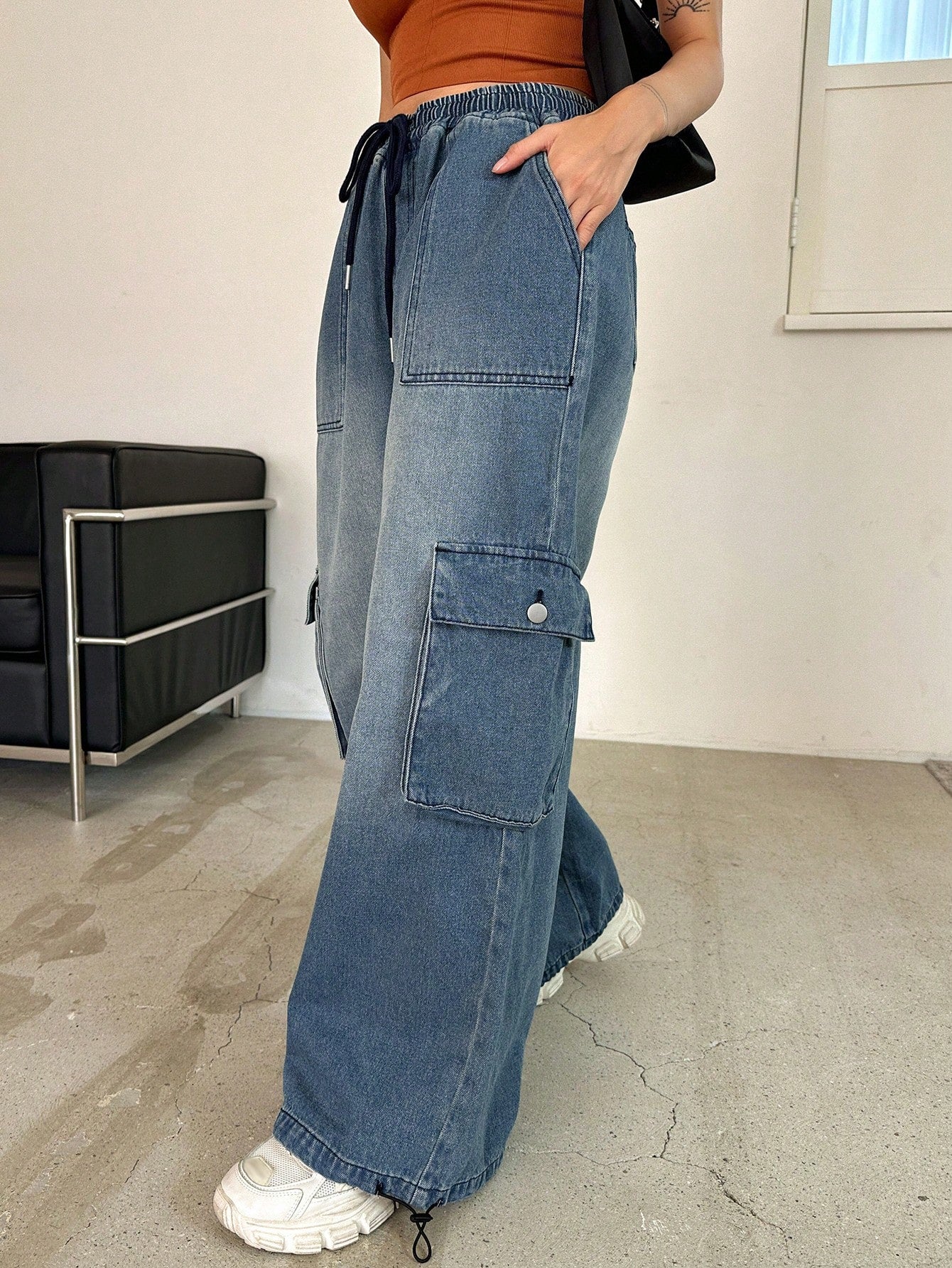 Maxct Drawstring Waist Flap Pocket Side Cargo Pants