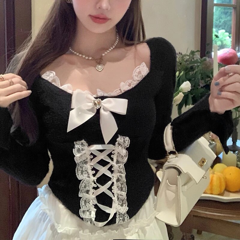 Maxct Women's Elegant Long Sleeve Crop Tops Bowknot Lace Patchwork Sweetheart Neckline Spring Fall Casual Slim Fit T-Shirts