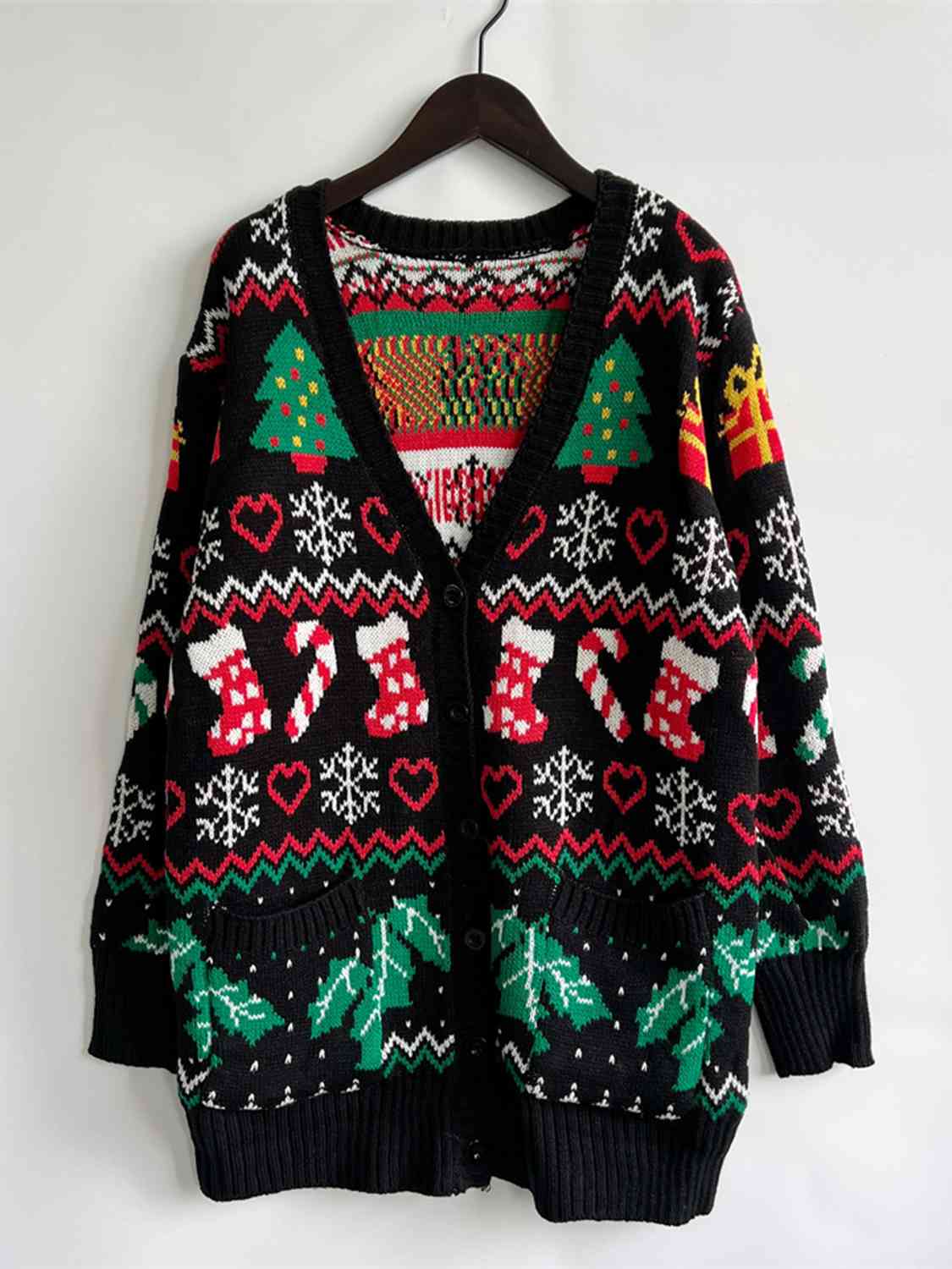 Maxct &Printed Button Up V-Neck Long Sleeve Cardigan with Pockets