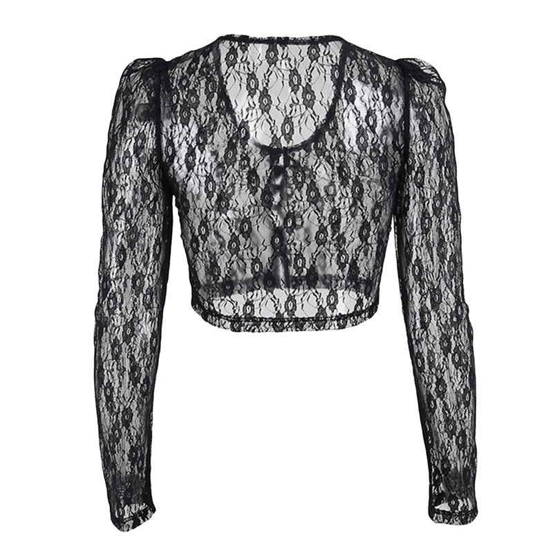 90s Vintage Button Up Long Sleeve Crop Top Floral Lace Transparent T-shirt Korean Harajuku Slim Fit Tees Y2K Women Streetwear