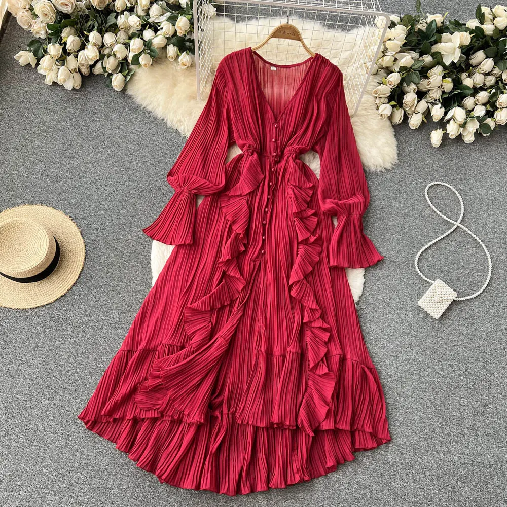Chiffon Pleated Long Dress Women Vintage V-Neck Flare Sleeve Draped Ruffle Vestido Female Maxi Robe Spring Fall 1215-1