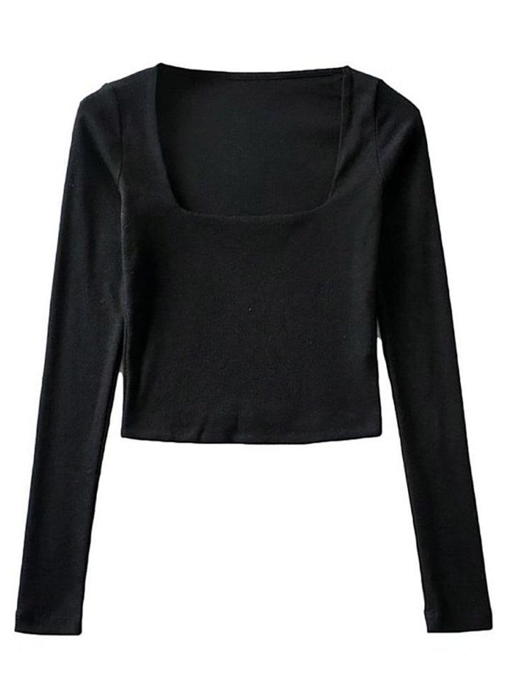 Maxct-Long-Sleeve Square Neck Plain Cropped T-Shirt