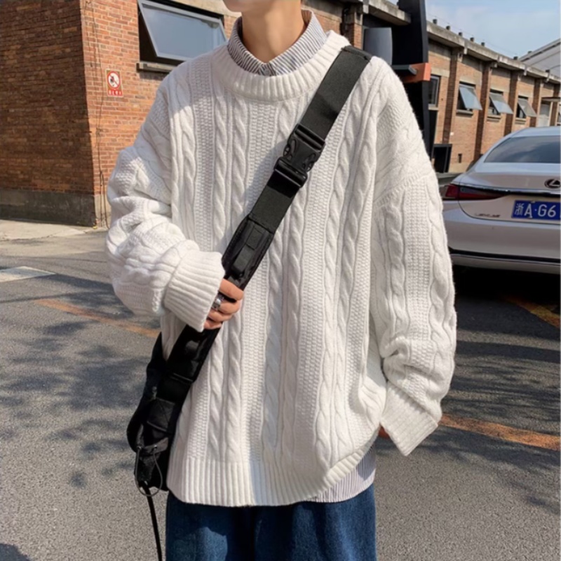 Pullover sweater men autumn winter pure color simple retro crewneck sweater lazy wind twist thread coat