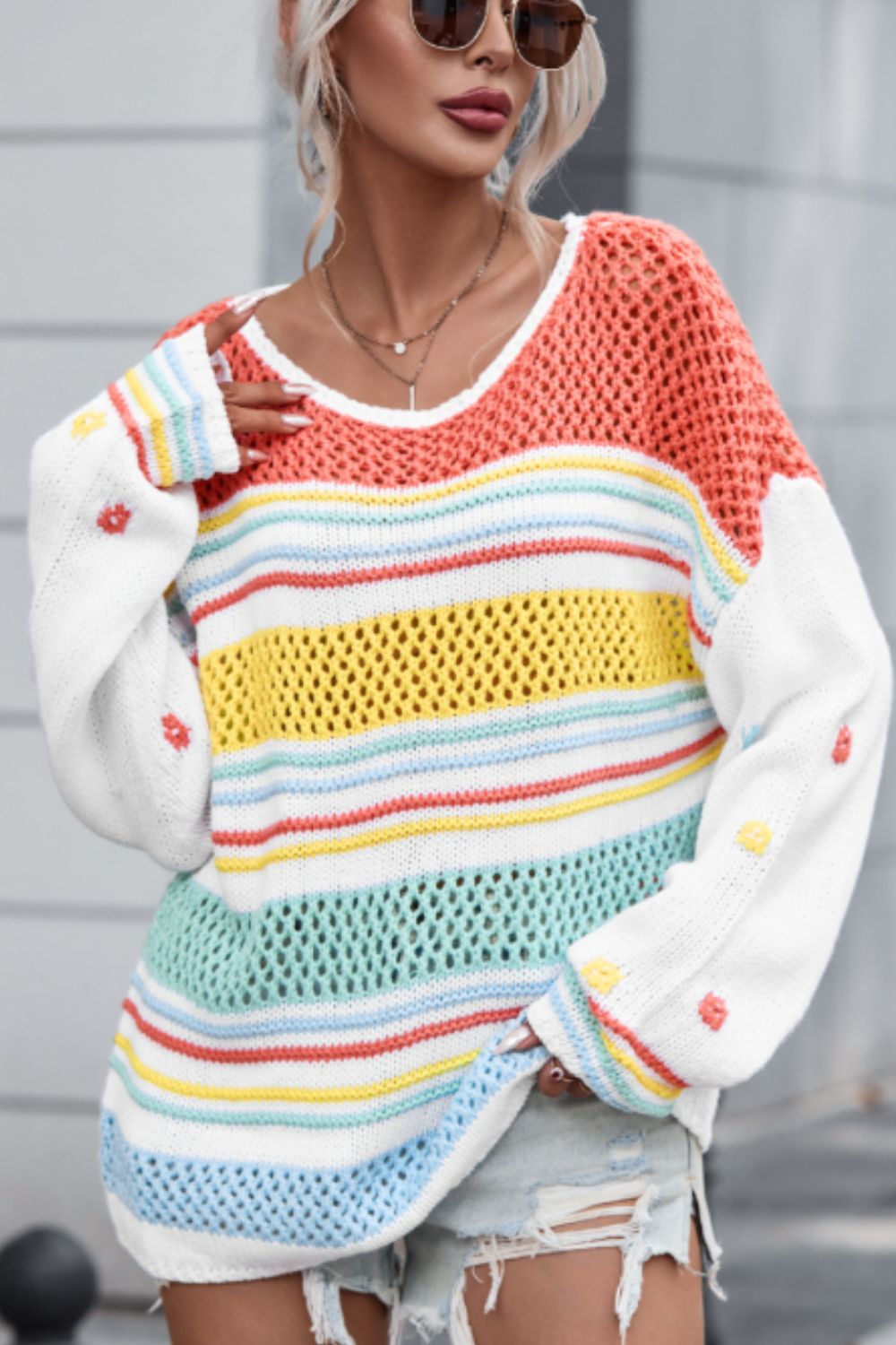 Maxct &Hollow Striped Color Block Round Neck Sweater