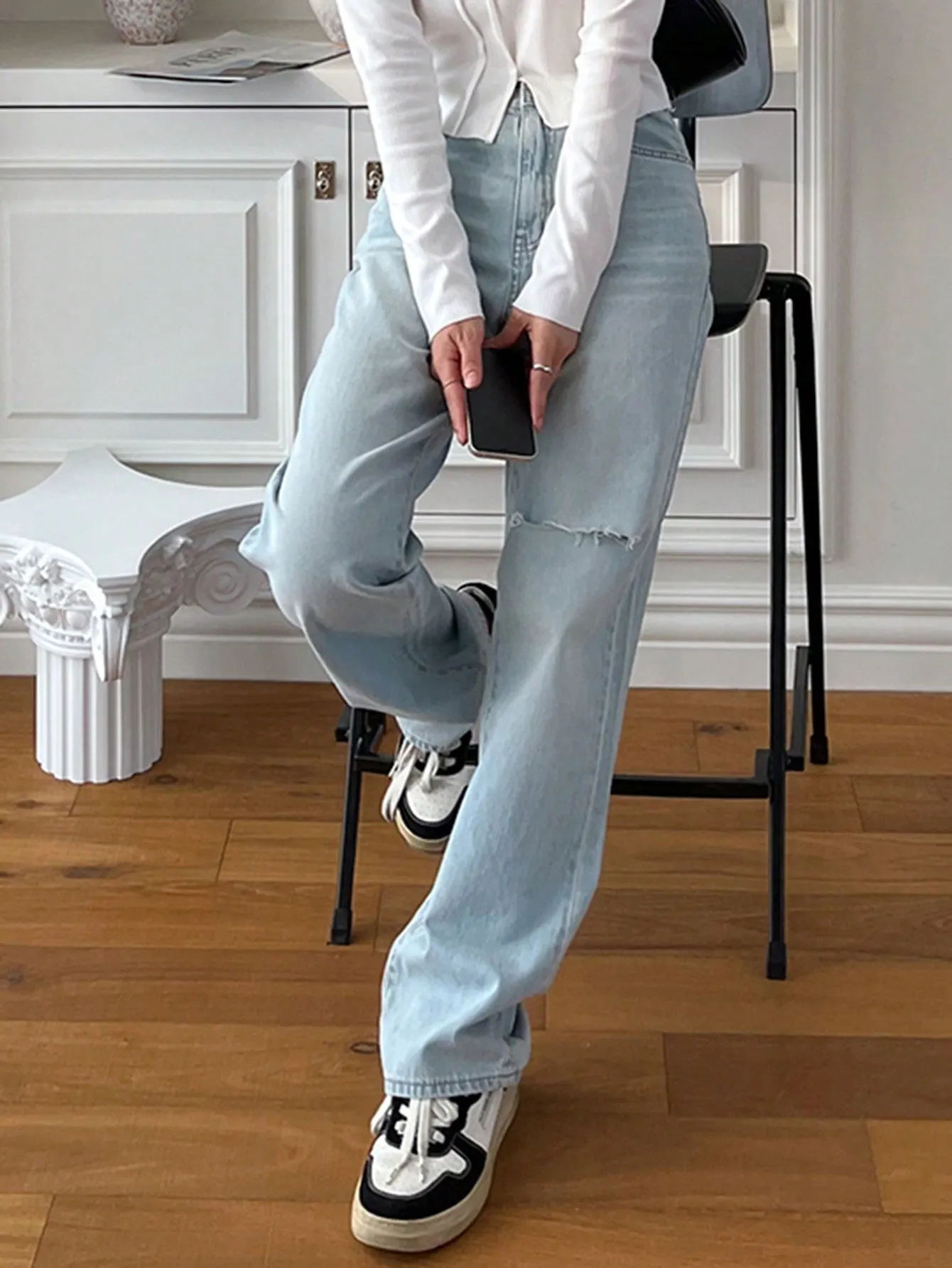 Maxct Ladies Solid Color Simple Style Denim Pants Trousers