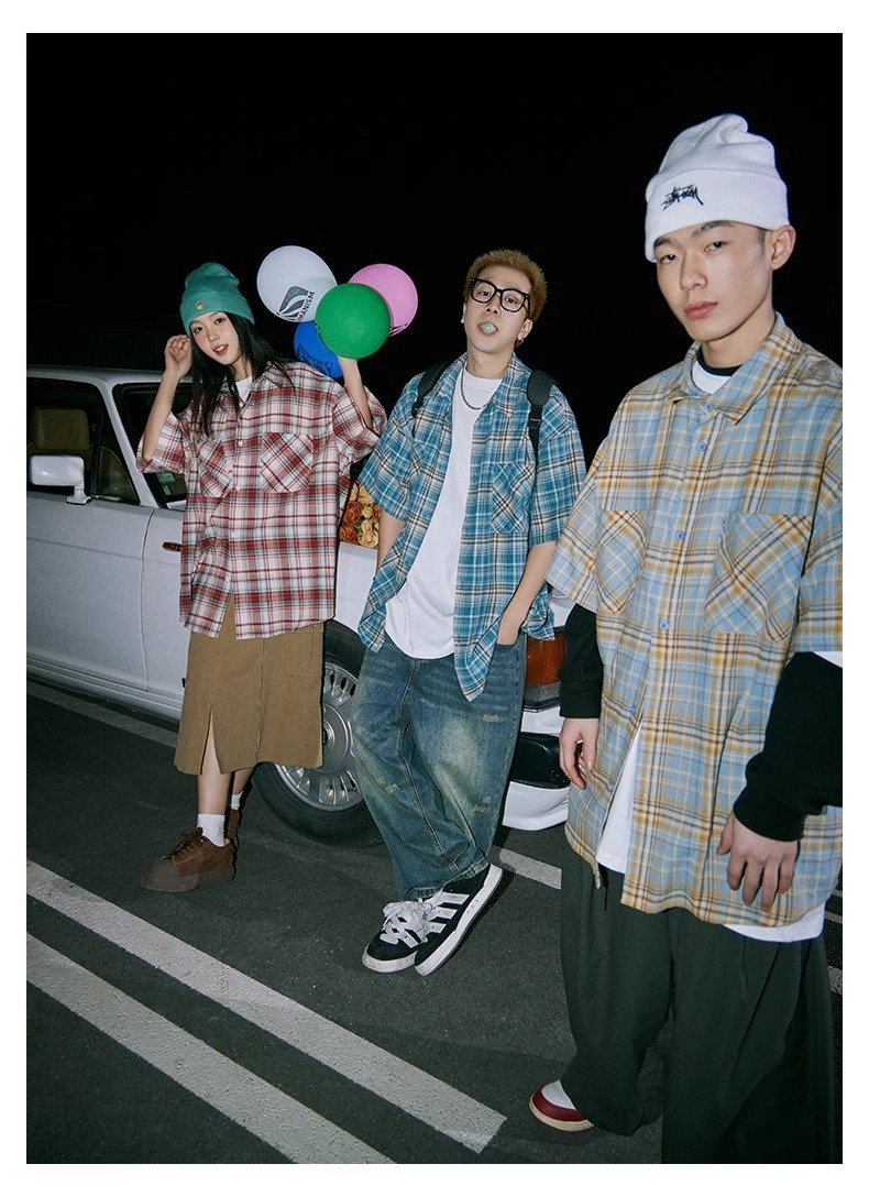 Maxct 90s Streetwear Japanese Niche Plaid Short-sleeved Shirt Men's Summer New Loose Trendy Brand All-match Shirt Couple's Coat Top