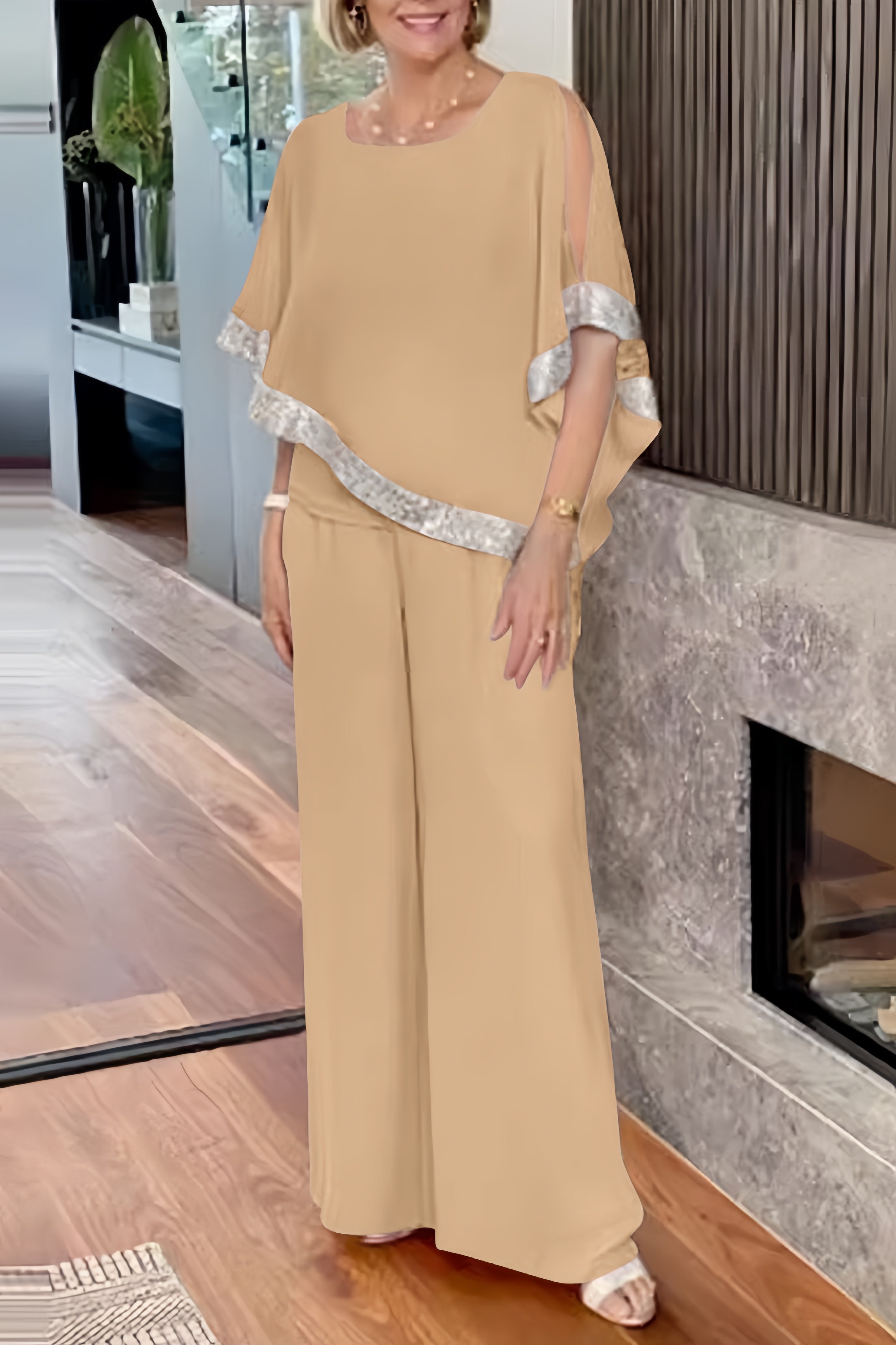 Maxct Sequins Patchwork Slit Bat Sleeve Long Pants Suits