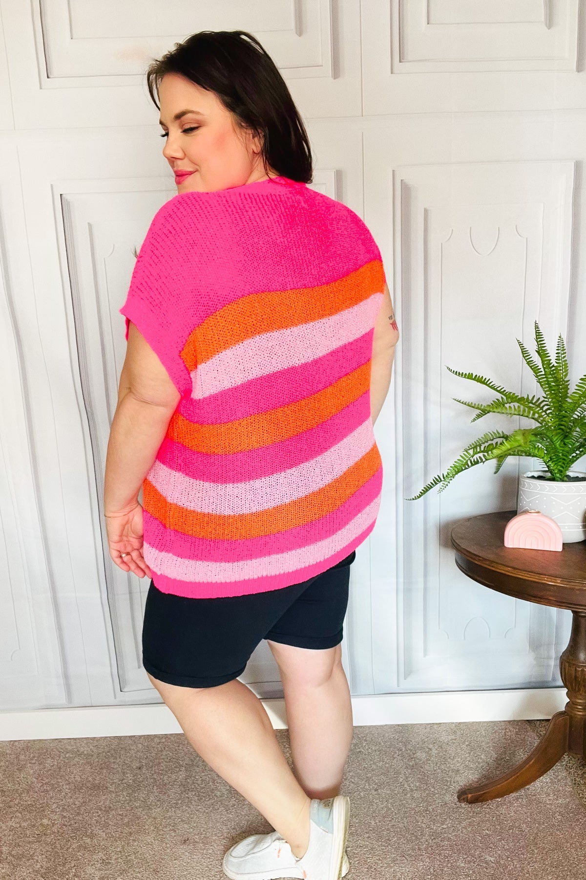 Maxct &Feeling Bold Fuchsia & Orange Stripe Short Sleeve Dolman Sweater