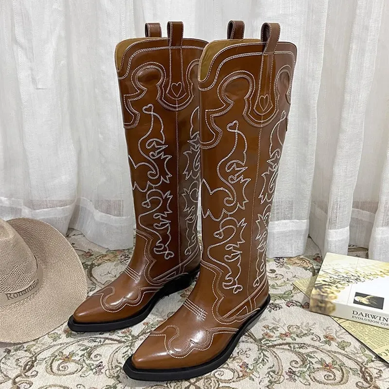 Womens Contrasting Embroidery Western Boots Knee High Cowboy Boots Maxct