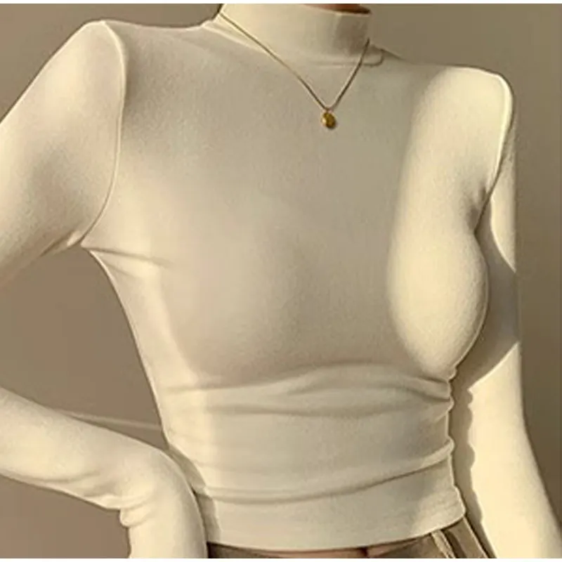 Double Sided Fleece Turtleneck Base Shirt Women Casual Slim Solid Long Sleeve Knitted Pullovers Lady Autumn Chic Thick Warm Tops