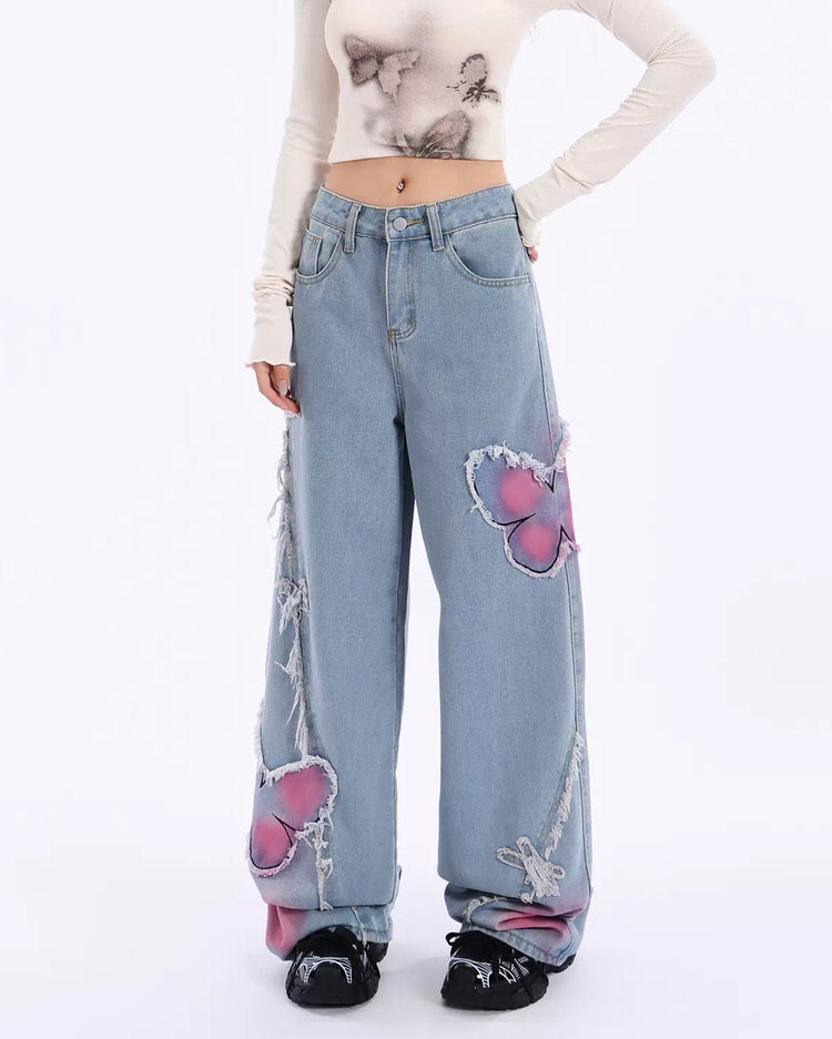 Pink Butterfly Wide Leg Jeans Maxct