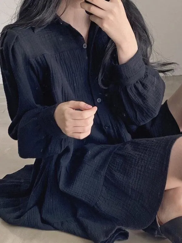 Maxct Lapel Pleated Loose Puff Sleeve Short Shirt Dress