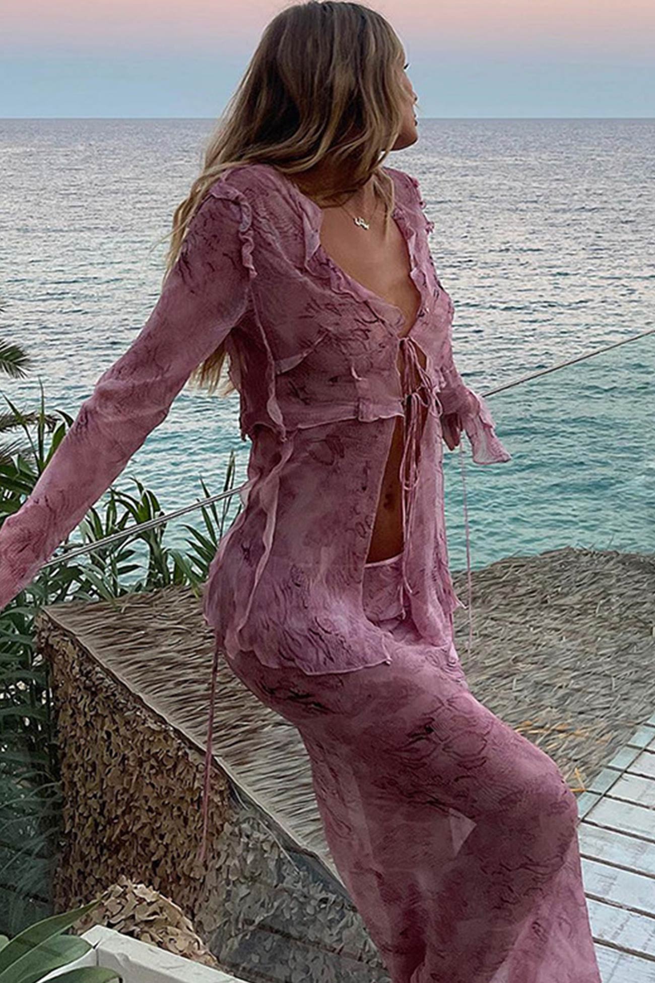 Maxct Mesh Printed Strappy Cardigan Skirt Suits