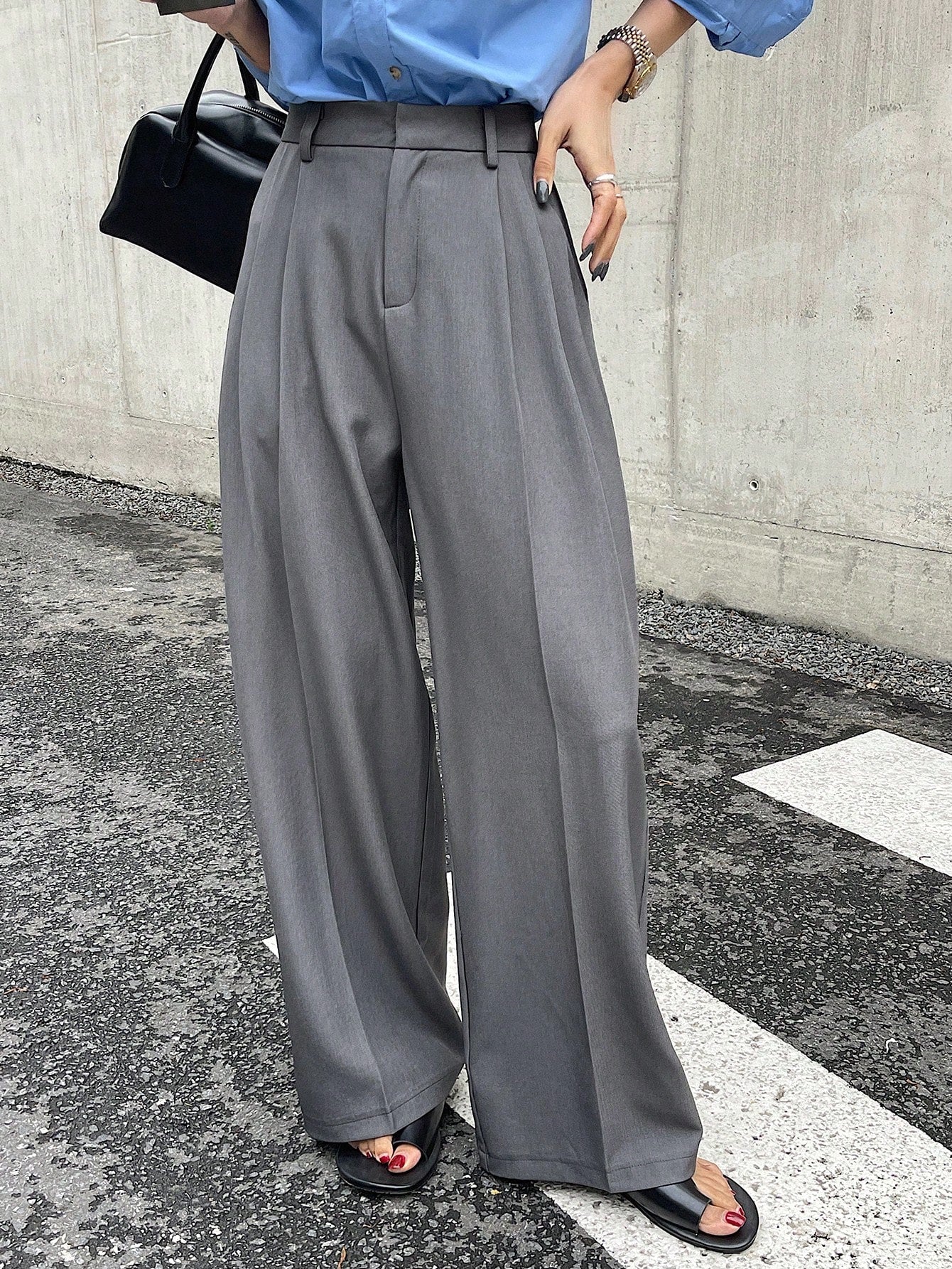 Maxct Women Plain Fold Pleated Wide Leg Suit Pants