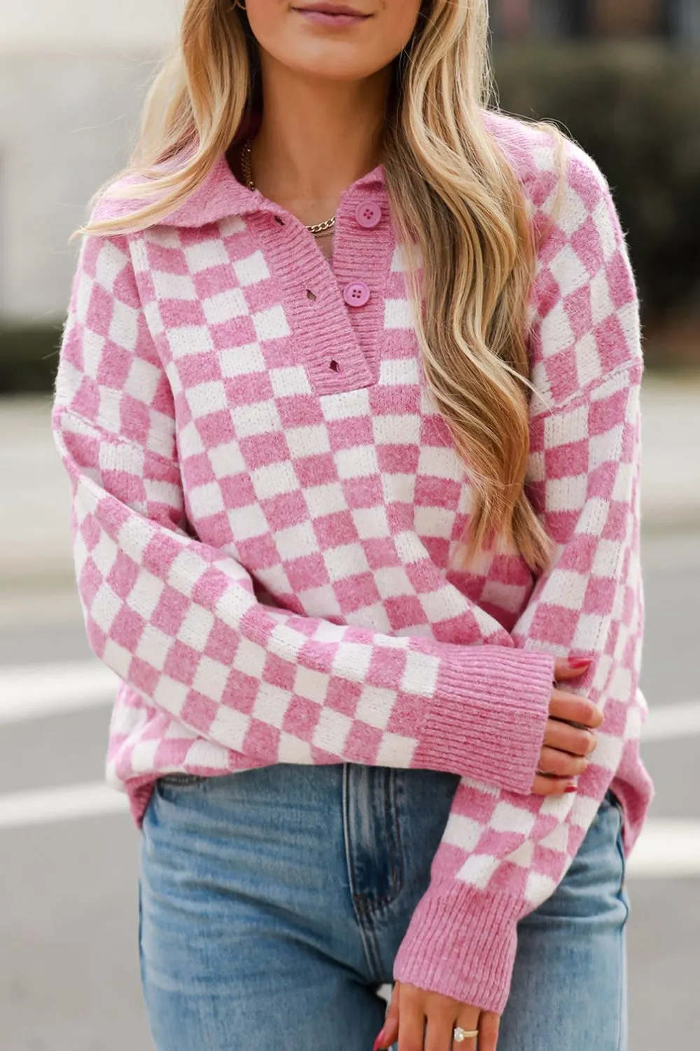 Maxct &Checkered Collared Neck Long Sleeve Sweater