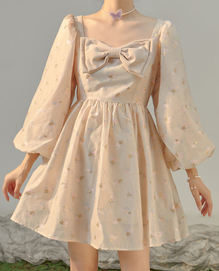 Puff Sleeve Bow Floral Jacquard Dress Maxct